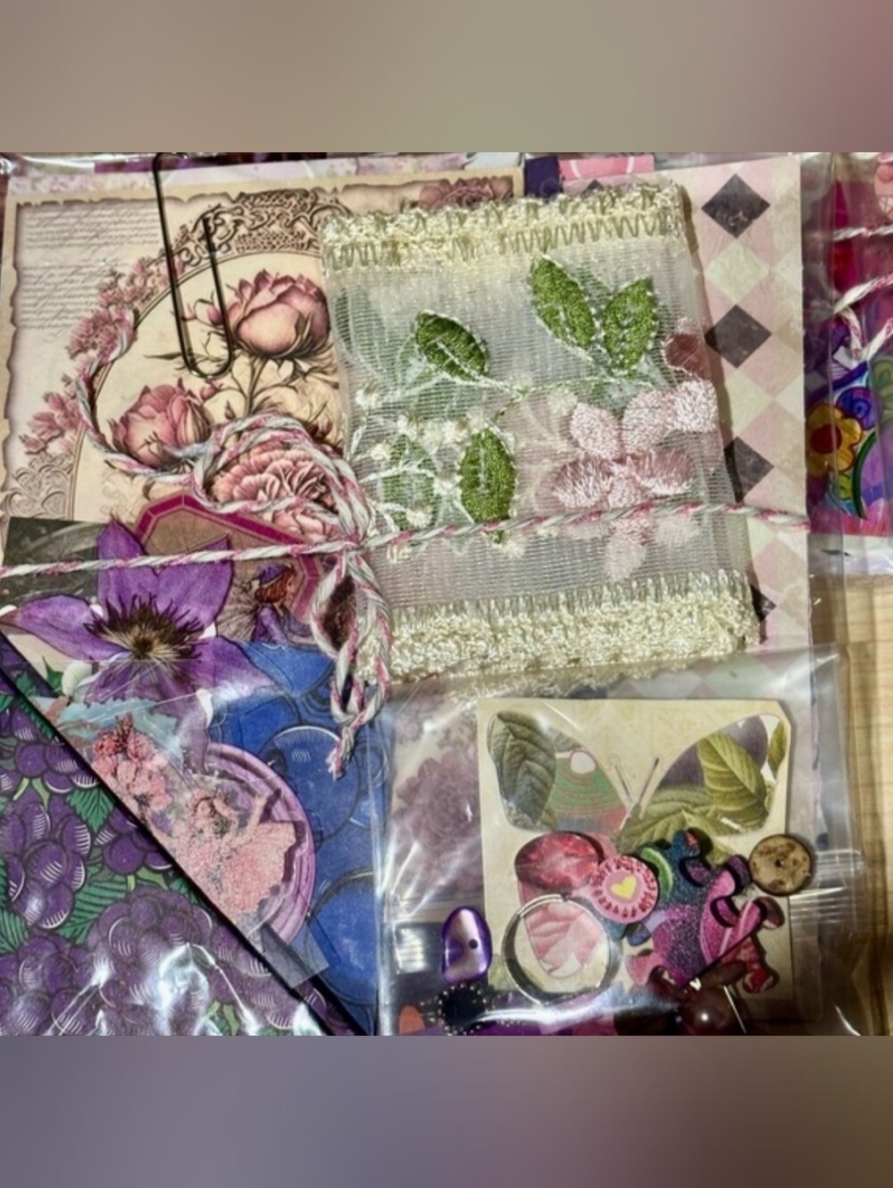 Assorted 20pc Junk Journal Ephemera Set: Vintage Trim/Lace/Buttons, Sari Threads